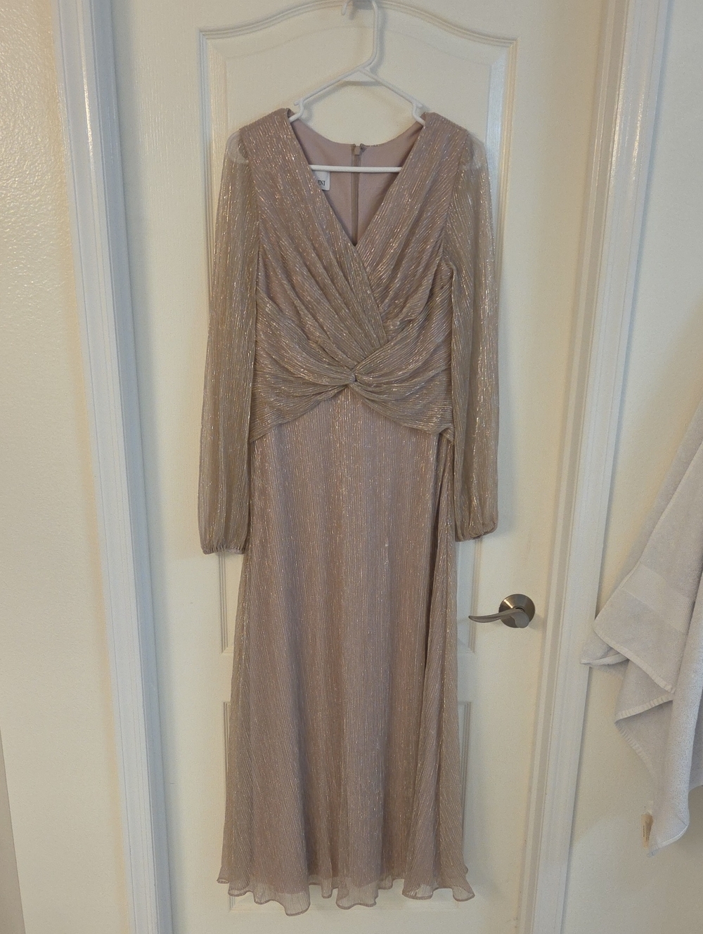 Oleg Cassini Shimmering Taupe Long-Sleeve Twist-Front Gown